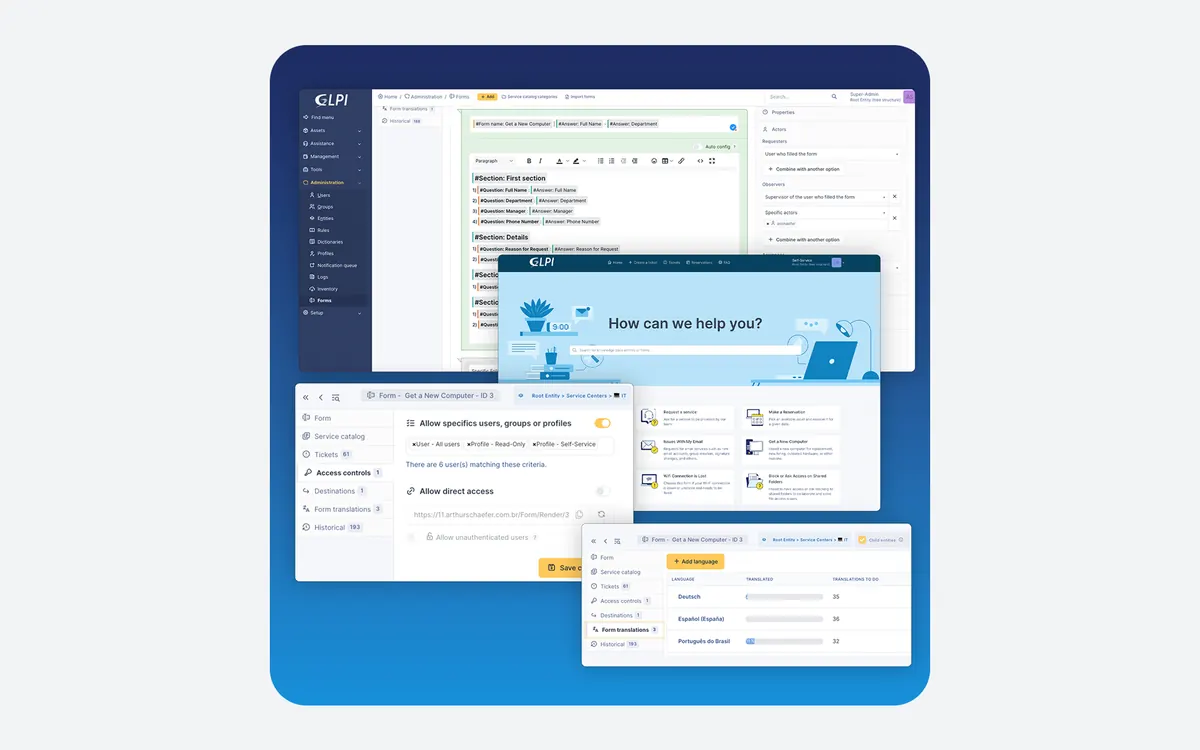 Capturas de GLPI: formulario de ticket y portal de autoservicio de la mesa de ayuda