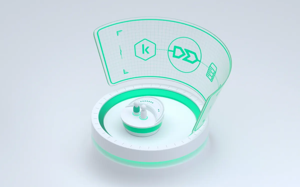 Ilustración 3D de Kaspersky MDR: una plataforma con un panel holográfico que muestra el logotipo de Kaspersky