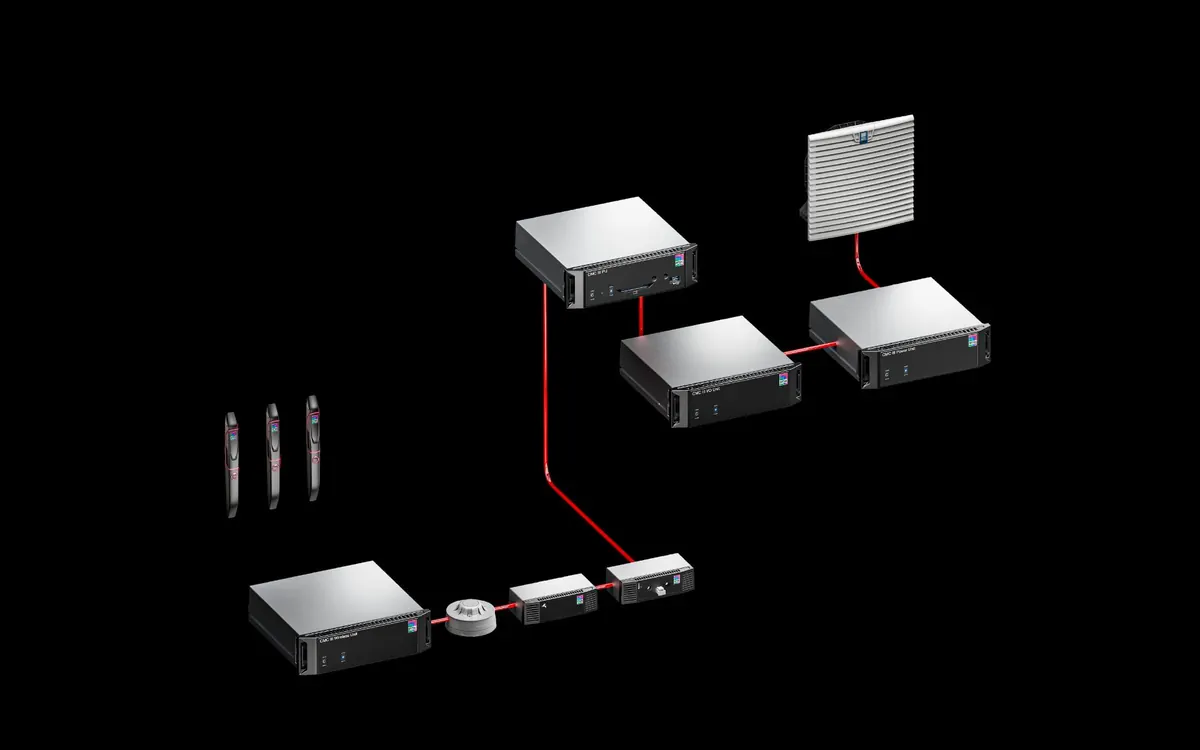 Componentes de monitoreo de Rittal conectados por cableado, con sensores y unidades de control