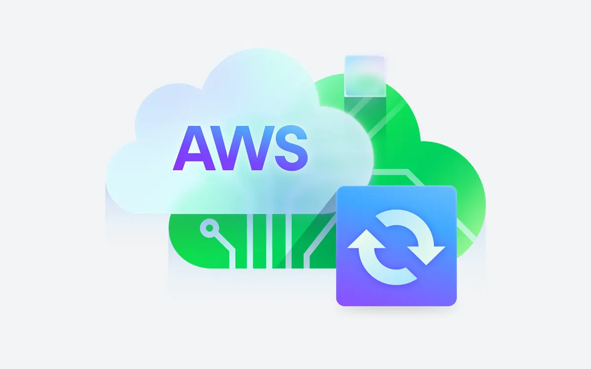 Ilustración de Veeam de una nube de AWS con un ícono de sincronización
