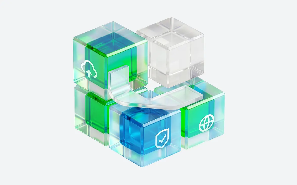 Ilustración de Veeam Data Platform: bloques de cristal verdes y azules con íconos de respaldo, seguridad y red