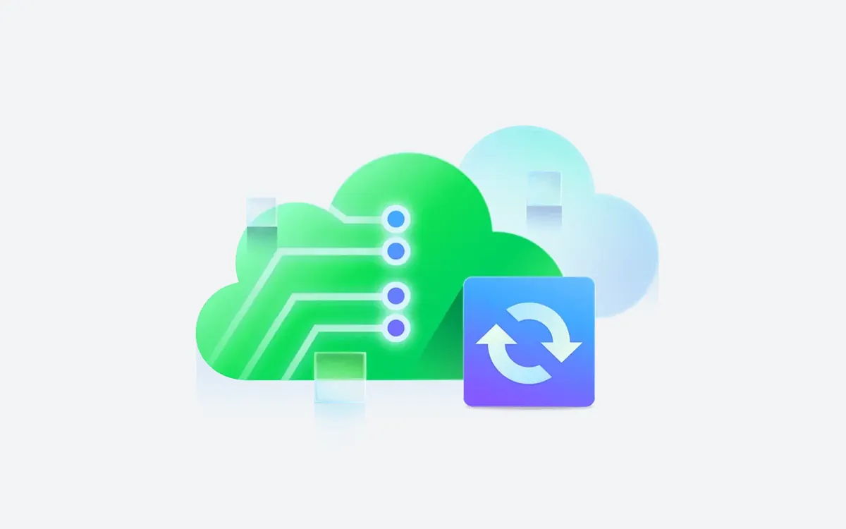 Ilustración de Veeam de una nube verde con un ícono de sincronización